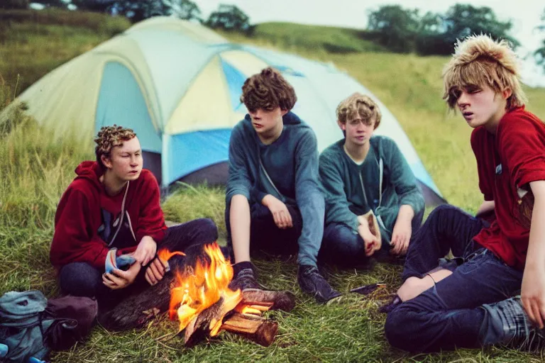 Image similar to candid photo of 3 teenagers camping at Glastonbury, UK, Kodak Portra 200,8K,highly detailed: beautiful perspective closeup environmental portrait photo in style of 2000s retrofuturism, cinema lighting , by beksinski, photography fashion edition, tilt shift, highly detailed, focus on man ;blonde hair;blue eyes, clear eyes, soft lighting