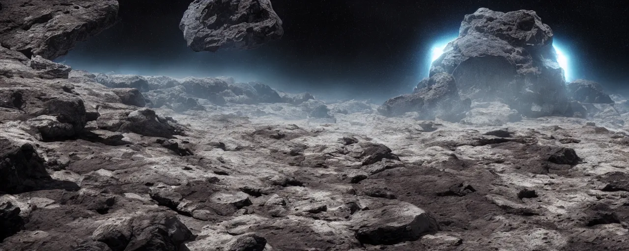 Image similar to ” rocky asteroid in space, [ cinematic, detailed, epic, widescreen, opening, establishing, mattepainting, photorealistic, realistic textures, octane render ] ”