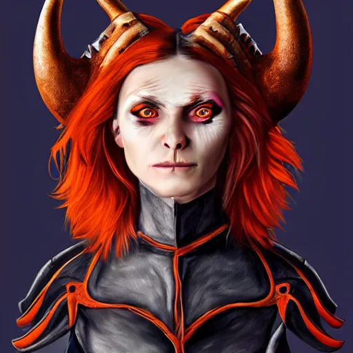 Image similar to illustrated realistic portrait female kobold horns orange skin and blue hair with black evil eyes wearing leather armor