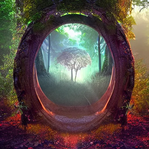 Image similar to portal to another dimension inside a beautiful tree in a densely overgrown jungle, fantasy, dreamlike sunrise volumetric lighting, ultra realistic, atmospheric, stopped in time, epic