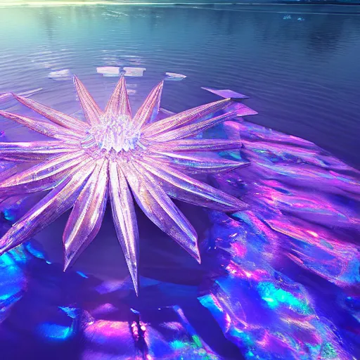 Prompt: a render of a crystal lotus in an iridescent lake by yusuke murata and makoto shinkai, cel shaded, unreal engine, highly detailed, iridescent, artstation, pixiv, reflective, volumetric lighting, soft glow, vibrant, sharp