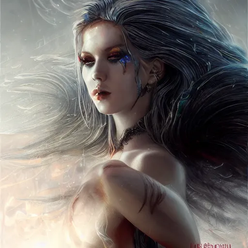 Image similar to kerli koiv as a fire queen flaming eylashes, darkwave, darksynth, concept headshot art, sharp, digital matte painting, art by luis royo, greg rutkowski, wlop, dramatic lighting, trending on artstation