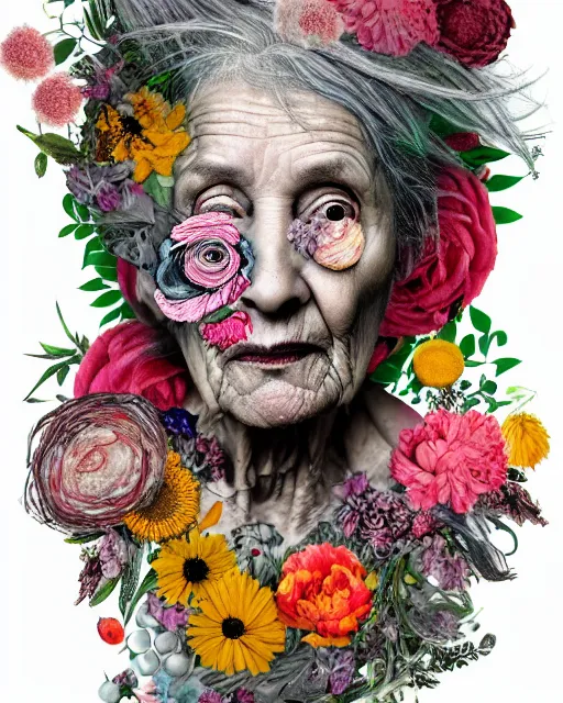 Image similar to a portrait of a beautiful fleshy old woman who is surprised she is still alive, covered in flowers in the style of guiseppe arcimboldo and james jean, covered in wispy gray hair with a hint of neon, mixed media, decollage, hd 3 d, 8 k