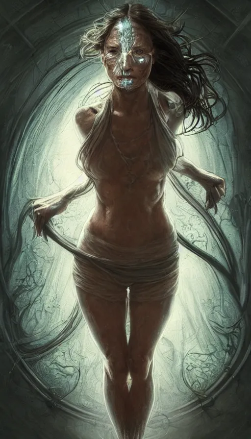 Image similar to door, furious gorgeous woman, face covered in dirt, lord of the rings ,neon, fibonacci, sweaty, dynamic action pose, insane, intricate, highly detailed, digital painting, artstation, concept art, smooth, sharp focus, illustration, Unreal Engine 5, 8K, art by artgerm and greg rutkowski and alphonse mucha