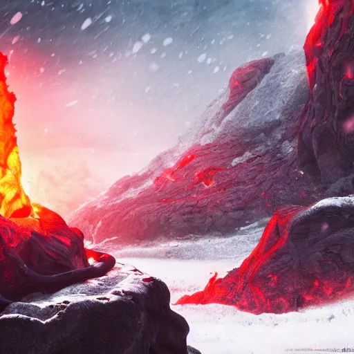 Prompt: a lava man on a winter biome outraging to the camera, cinematic, artistic, cool pose, heatwave, fantasy, hyper realism, behance, artstation, unreal engine 5, octane, deviantart