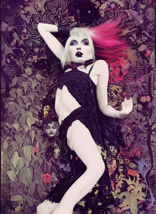 Image similar to cute punk goth fashion fractal young Debbie Harry posing by Zhang Jingna, punk poster art by Hannah Höch Victor Moscoso Dan Mumford Kilian Eng Hannah Jeffrey Smith Rick Griffin Alphonse Mucha Gustav Klimt Ayami Kojima Amano Charlie Bowater, violet and black