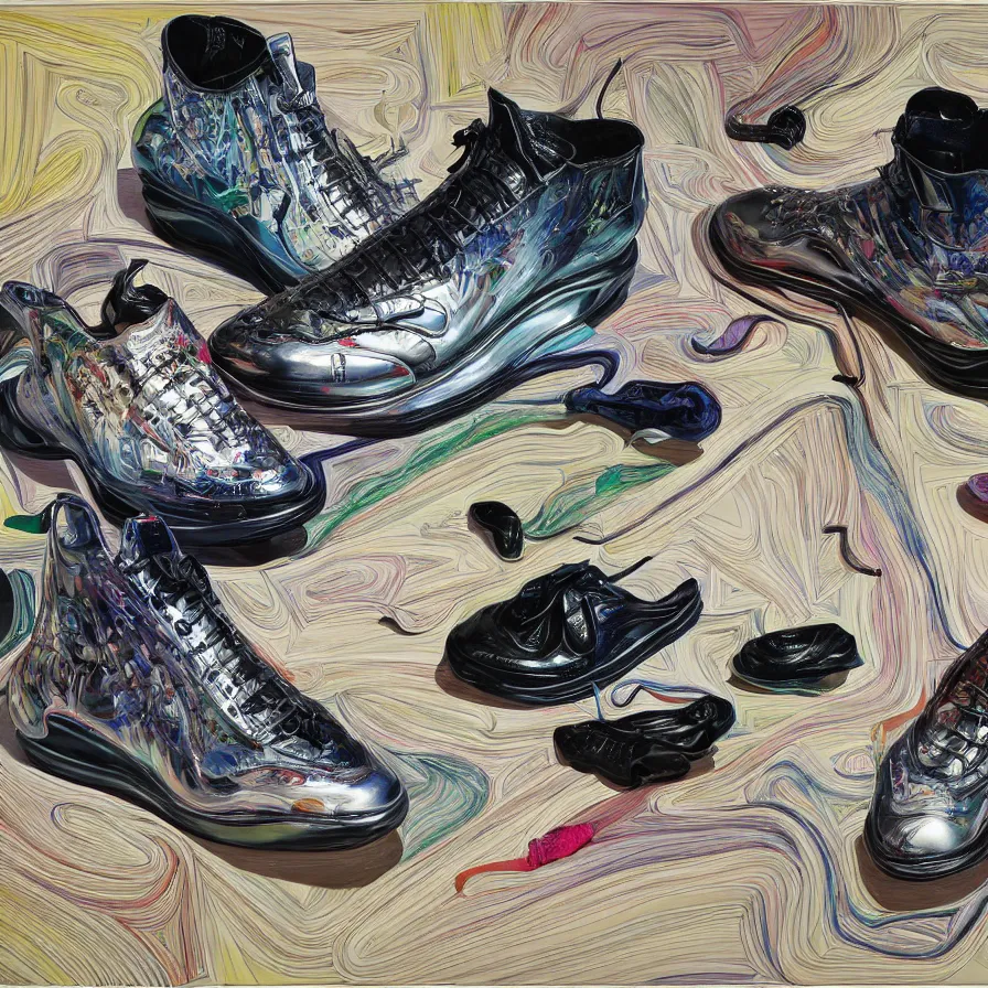 Image similar to futuristic balenciaga sneakers, nft art, highly detailed, hyper realistic, art by todd mcfarlane, by ( ( ( lucian freud ) ) ) and gregory crewdson and francis bacon