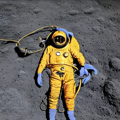 Prompt: photo of a diver wearing an old diving suit posing with an electric guitar on the moon. detailed. colorized. rockstar