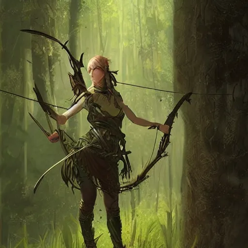 Image similar to fantasy art of a female forest archer in the style of greg rutkowski