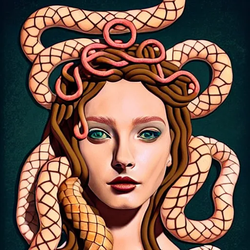 Image similar to medusa with sausages instead of snakes, sausage hair, photorealistic, illustration, intricate details, masterpiece