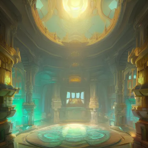 Image similar to Opalescent palace, by Tyler Edlin, Artstation, volumetric lighting