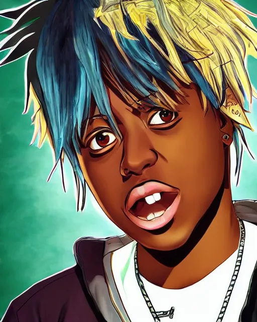 Image similar to juice wrld rapper rockstar legend as an anime character highly detailed photo realistic anime digital art