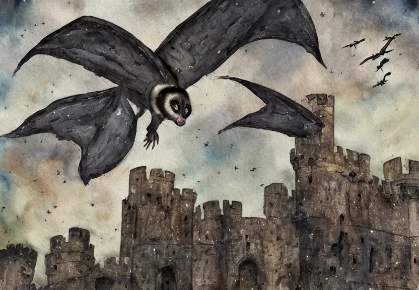 Image similar to Threatening winged possum flying over a medieval castle under a dark starred sky, dark fantasy, watercolor, dreaming illusion, highly detailed, 4k, trending on Artstation, award-winning