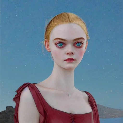 Prompt: professional painting of Elle Fanning in Santorini in the style of Conrad Roset and Dino Valls, head and shoulders portrait, symmetrical facial features, smooth, sharp focus, illustration, intricate, stormy weather, extremely detailed masterpiece,