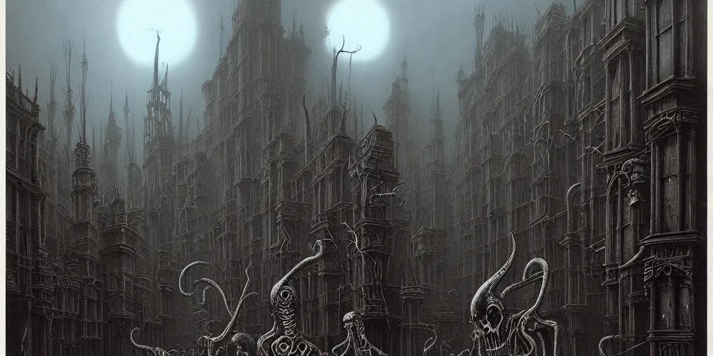 Prompt: matte painting of eldritch creatures with surrealistic morphed skeletons roaming the streets of London, Zdzislaw Beksinski, Wayne Barlowe, Joe Fenton, gothic, cosmic horror, dystopian, biomorphic, lovecraftian, amazing details, cold hue's