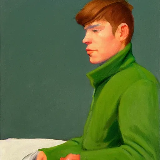 Prompt: a brown haired man wearing a green snow suit, detailed, edward hopper, trending on artstation,