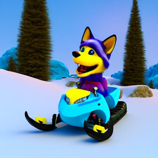 Image similar to snow rescue husky, cyan and purple snow suit, yellow headband, purple and cyan snowmobile, 3 d model, cartoony, pixar style, artstation, unreal engine, on a mountain, noon, 4 k, ultra quality