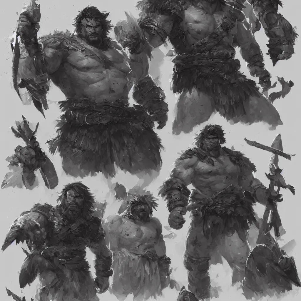 Prompt: character sheet of barbarian warrior, muscular, handsome, chiseled, by greg rutkowski and studio ghibli, digital art, trending on artstation, highly detailed, concept art, beautiful, masterpiece