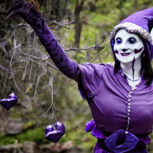 Prompt: photo of scary female jester chasing you