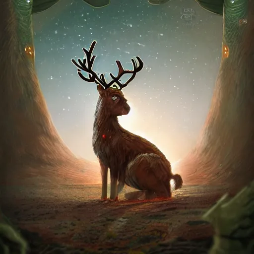 Prompt: A small reindeer king sitting on a green throne in Egypt, highly detailed portrait, scifi, digital painting, artstation, concept art, smooth, sharp foccus ilustration, Artstation HQ