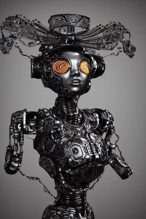 Image similar to a portrait of a extremely intricately detailed beautiful robot wearing on its head a highly detailed perfect render black graduation hat, realism. concept art. unreal engine 5, f / 1. 8, v - ray, ultra hd, 8 k, graduation photo, atmospheric beautiful background and beautiful lighting. hyper realism.