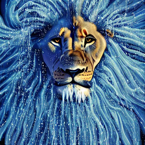 Image similar to a male lion's face breaching through a wall of water, water sprites, splashing, deep blue water color, highly detailed, realistic digital art