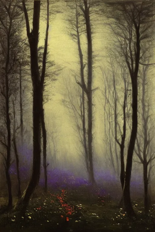 Image similar to dark and spooky painting of a forest dimly lit at night with tiny purple morning glory flowers trailing at the base of trees. foggy cinematic volumetric darkness, muted colour palette, detailed oil painting on canvas robert hughes, john everett millais