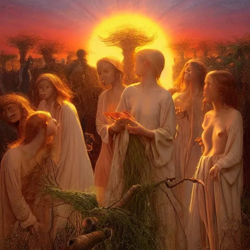 Image similar to Soul eating angels satisfy their hunger, light illumination at sunset, by James C. Christensen height 768-C 9.0