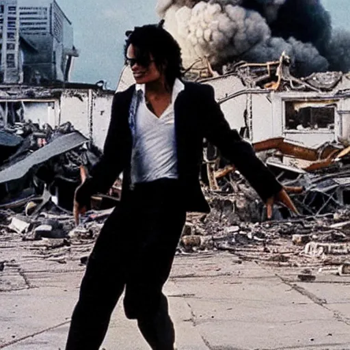 Prompt: photo of michael jackson moonwalking in a destroyed city with a nuke in the background