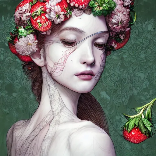 Prompt: the portrait of an absurdly beautiful, graceful, elegant, chaste, young woman made of strawberries and green petals smiling, an ultrafine detailed illustration by kim jung gi, irakli nadar, intricate linework, bright colors, octopath traveler, final fantasy, angular, unreal engine 5 highly rendered, global illumination, radiant light, detailed and intricate environment