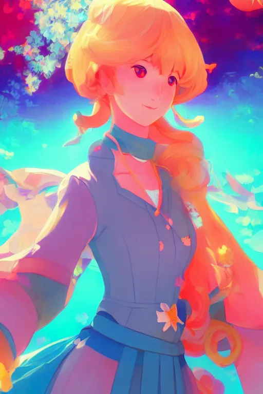 Image similar to portrait of princess peach, colorful background, rich vivid colors, ambient lighting, dynamic lighting, 4k, official media, anime key visual, makoto shinkai, ilya kuvshinov, lois van baarle, rossdraws, detailed, trending on artstation