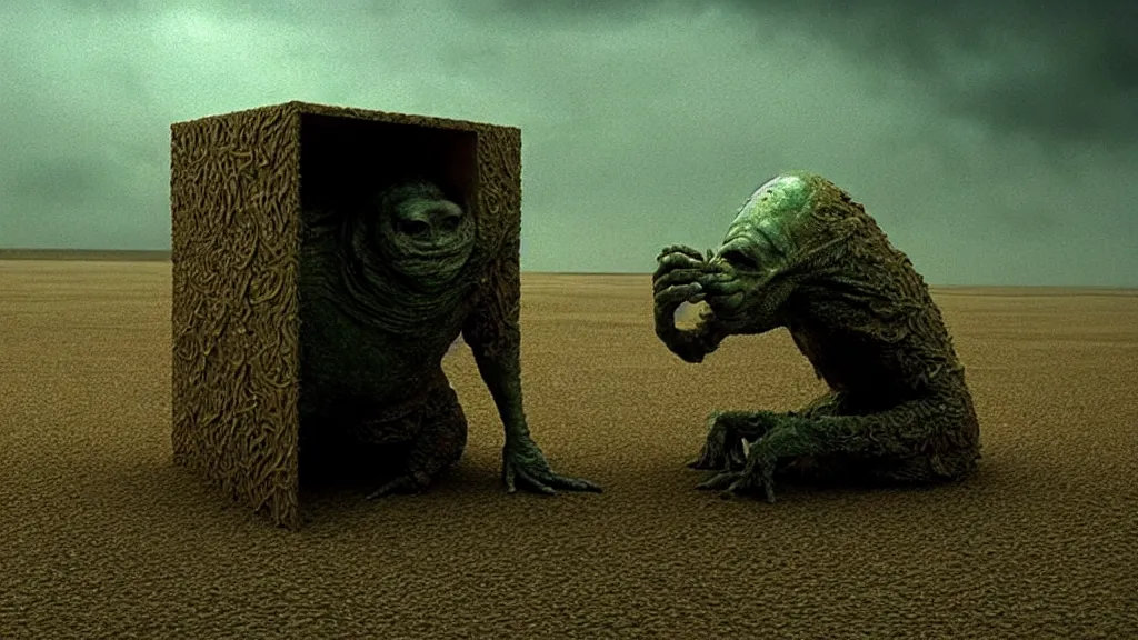 Image similar to the money creature in the bank, film still from the movie directed by denis villeneuve and david cronenberg with art direction by salvador dali and zdzisław beksinski