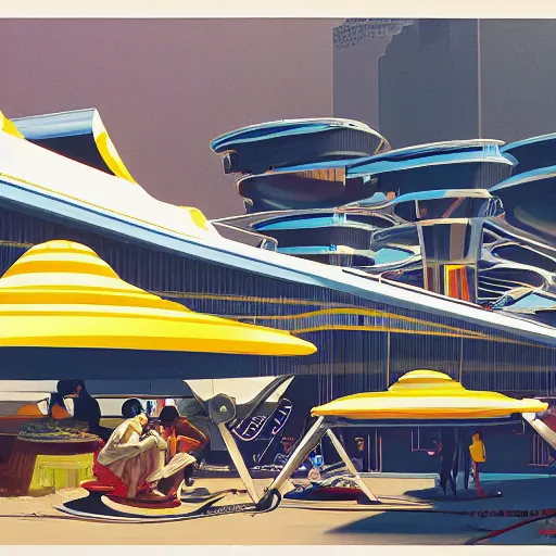 Prompt: a syd mead painting of a futuristic indian market with spaceship in the far back