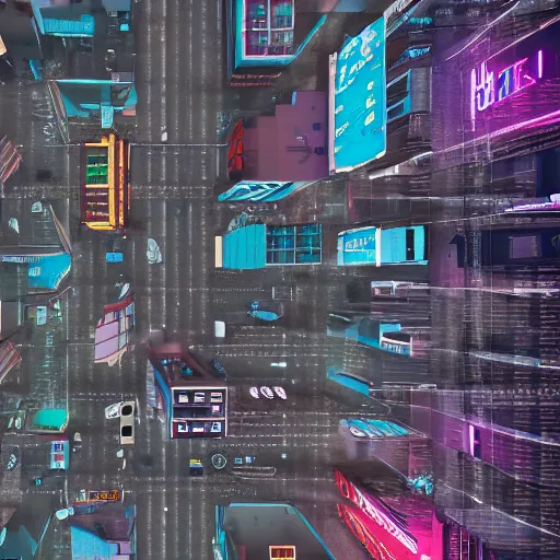 Image similar to eagle-eye view of street. Cyberpunk futurepunk advanced civilisation.