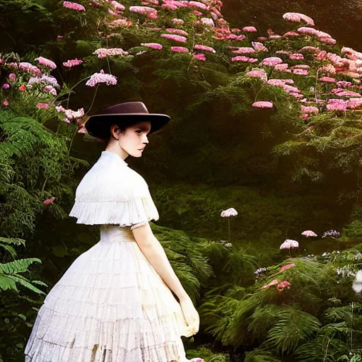 Image similar to full body fashion model emma watson by Hasui Kawase by Richard Schmid smokey eyes makeup eye shadow fantasy, glow, shimmer as victorian woman in a long white frilly lace dress and a large white hat having tea in a sunroom filled with flowers, roses and lush fern flowers ,intricate, night, highly detailed, dramatic lighting , high quality