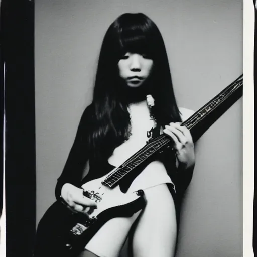 Prompt: a black and white polaroid of a female japanese musician playing an electric guitar, 1 9 7 0 s