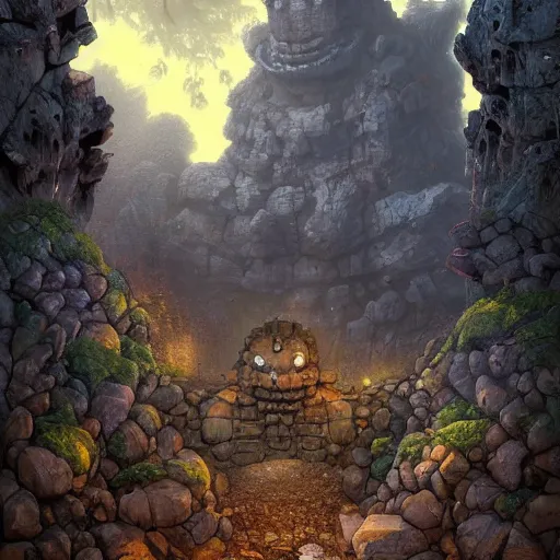 Image similar to a stone golem constructed out of rocks, minerals and wood, guarding the magnificent gate to a protected forest, 8 k resolution detailed fantasy art, asymmetrical composition, anato finnstark marc simonetti lisa frank zbrush central gloomy midnight.