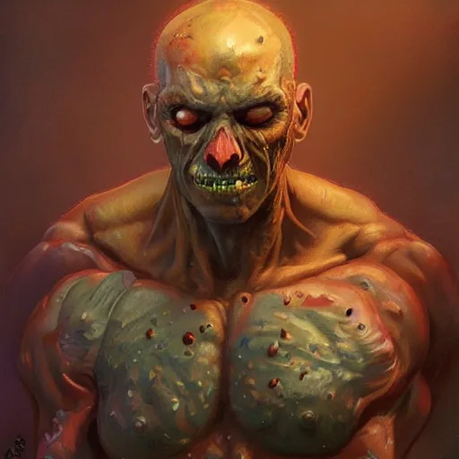 Image similar to an portrait of an mutant buff zombie, highly detailed, centered, digital painting, artstation, concept art, donato giancola, Joseph Christian Leyendecker, WLOP, Boris Vallejo, Breathtaking