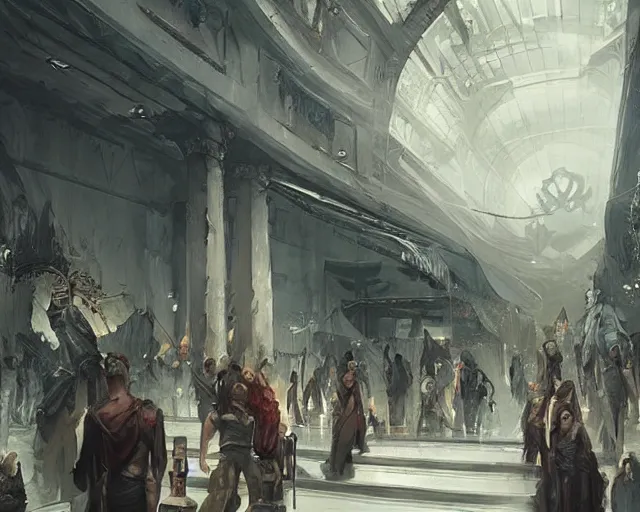 Image similar to a mall in the style of ancient republican greece, art by greg rutkowski and artgerma, stunning concept art, interior design architecture