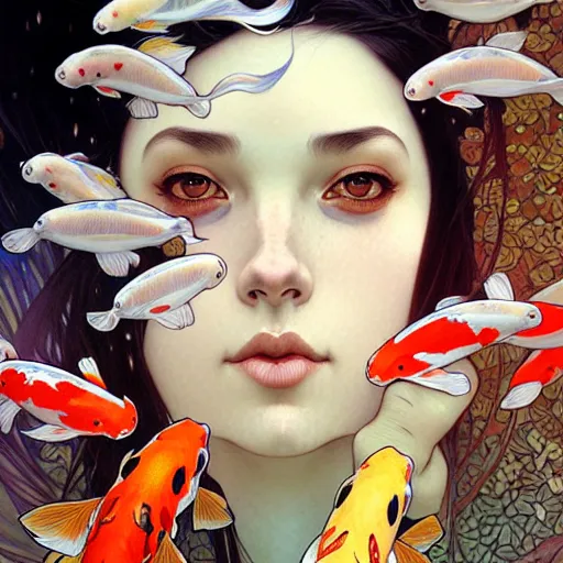 Image similar to Portrait of a girl surrounded by Koi fish, face, fantasy, intricate, elegant, highly detailed, digital painting, artstation, concept art, smooth, sharp focus, illustration, art by Loish and Artem Demura and alphonse mucha