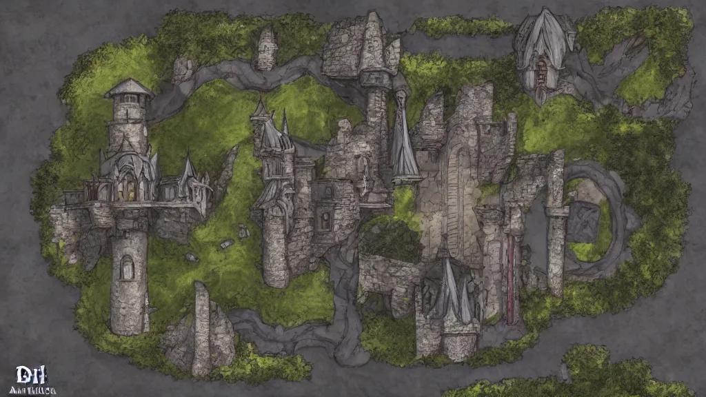 Image similar to wide establishing shot of a dungeons and dragons battle map, top view of the inside of a castle, dynamic composition, dramatic lighting, trending on artstation, digital art, stylized painting, rpg, tabletop role playing game, d & d, roll 2 0