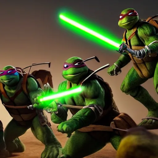 Image similar to still photo of teenage mutant ninja turtles and star wars, highly detailed, photorealistic portrait, bright studio setting, studio lighting, crisp quality and light reflections, unreal engine 5 quality render