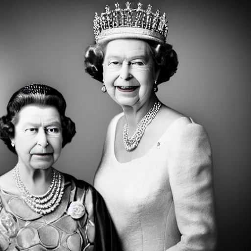 Image similar to A portrait photo of queen elizabeth teams up with a teenage queen elizabeth, perfect faces, 50 mm, award winning photography