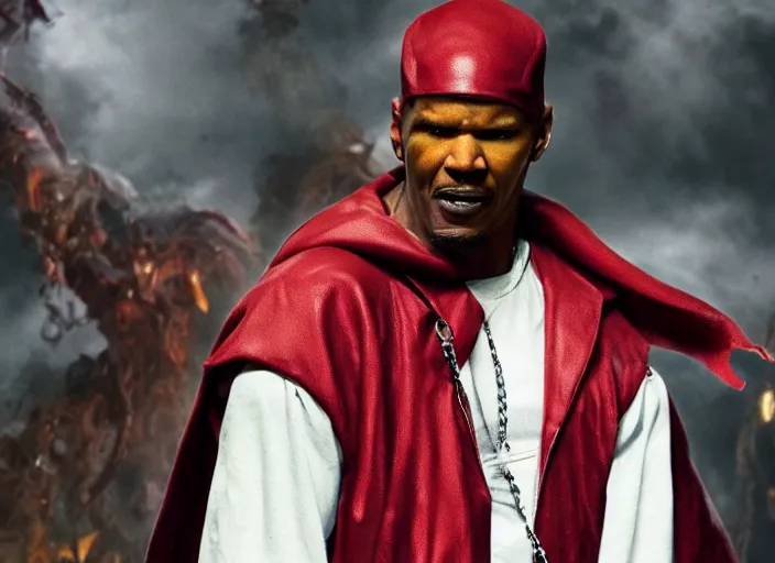 Image similar to film still of jamie foxx as spawn in the new spawn movie, giant chains, large cape, 8 k