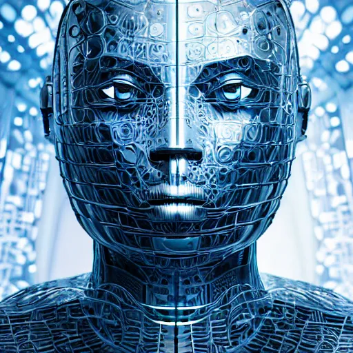 Prompt: an insanely detailed cibernetic artwork of a futuristic artificial intelligence superstar, extremely detailed water texture, centered image, perfectly symmetrical alien face, with frames made of detailed fractals, octane render, 4k, insanely detailed, detailed grid as background, cgi