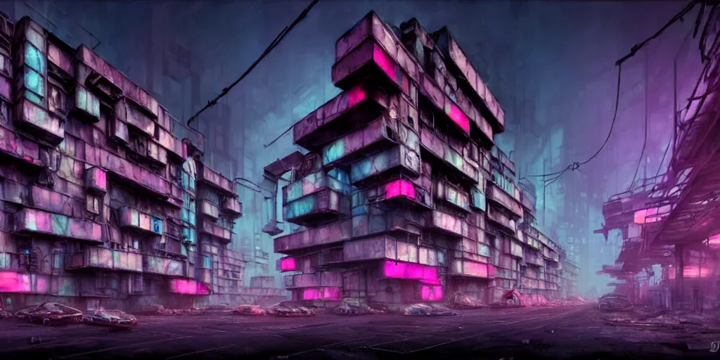 Prompt: concept art, octane render, a brooding, decrepit dystopian city, reflections, volumetric neon lighting, dramatic, cyan magenta white neon glow, 8 k, ultra - hd, insanely detailed and intricate, hypermaximalist, brutalist habitat 6 7, elegant, ornate, by gerald brom, by syd mead, akihiko yoshida, doug chiang, cinematic