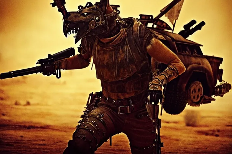 Image similar to a good ol'coyote fursona ( from the furry fandom ), heavily armed and armored facing down armageddon in a dark and gritty version from the makers of mad max : fury road. witness me.