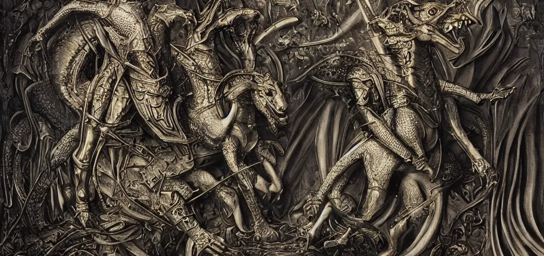 Prompt: St. George And The Dragon by H.R. Giger, detailed, ornate, sharp focus, accurate, intricate, award wining, original modern artwork, rgb, ethereal lighting, 4K