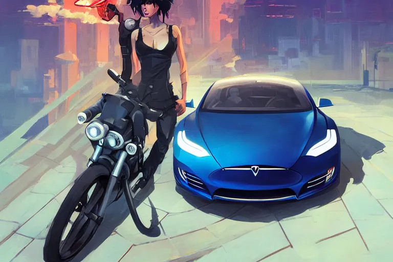 Image similar to tesla model 2, art gta 5 cover, official fanart behance hd artstation by jesper ejsing, rhads, makoto shinkai, lois van baarle, ilya kuvshinov, ossdraws, feng zhu, loish, laurie greasley, victo ngai, andreas rocha, john harris