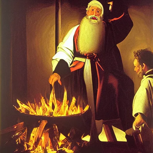 Prompt: Father Christmas burning a Christmas tree Painted by Caravaggio